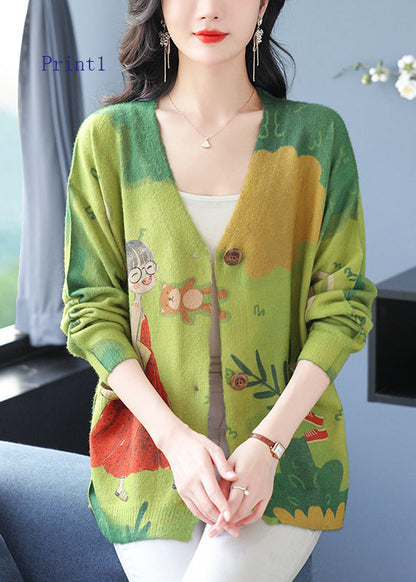 Women V Neck Print Pockets Woolen Cardigans Spring TQ022 ABC