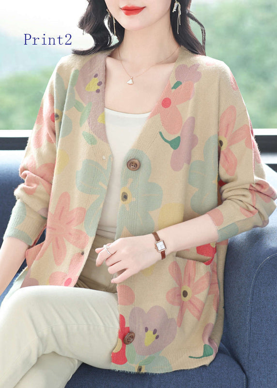 Women V Neck Print Pockets Woolen Cardigans Spring TQ022 ABC