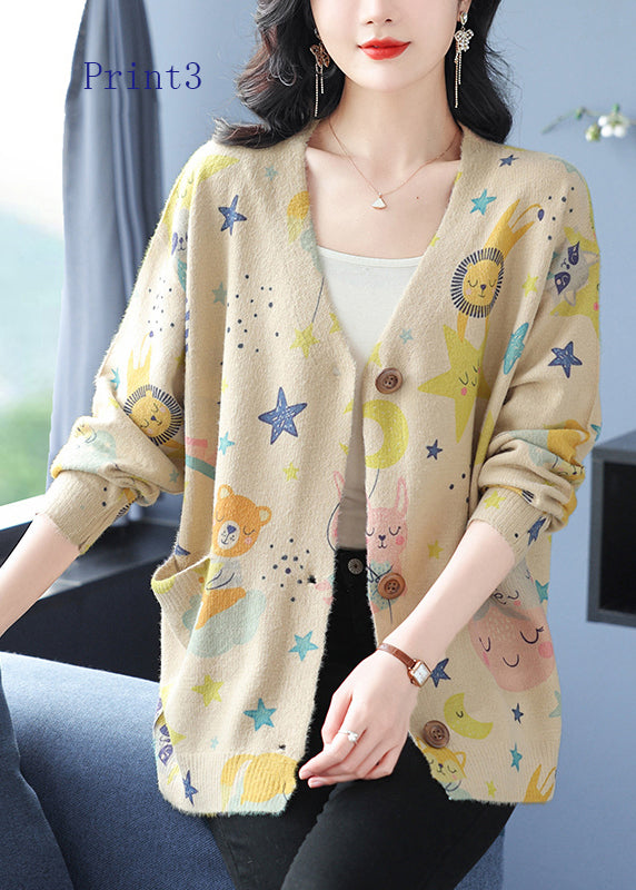 Women V Neck Print Pockets Woolen Cardigans Spring TQ022 ABC