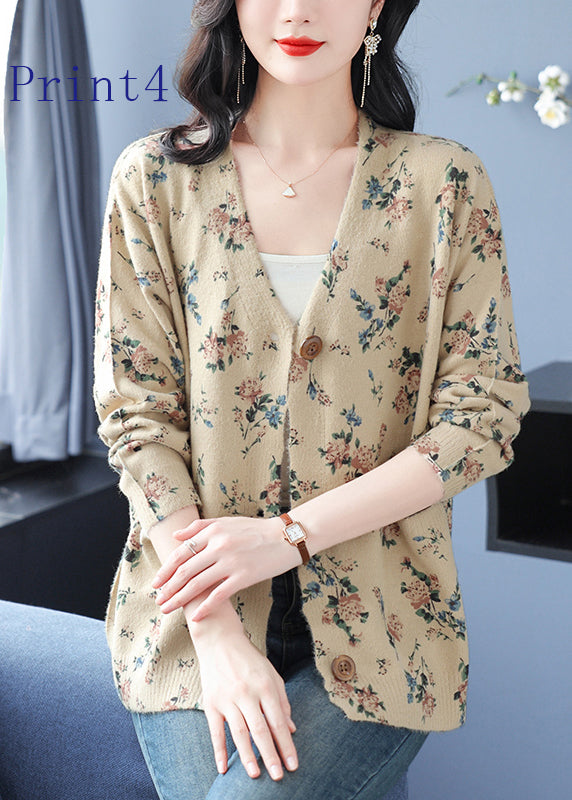 Women V Neck Print Pockets Woolen Cardigans Spring TQ022 ABC