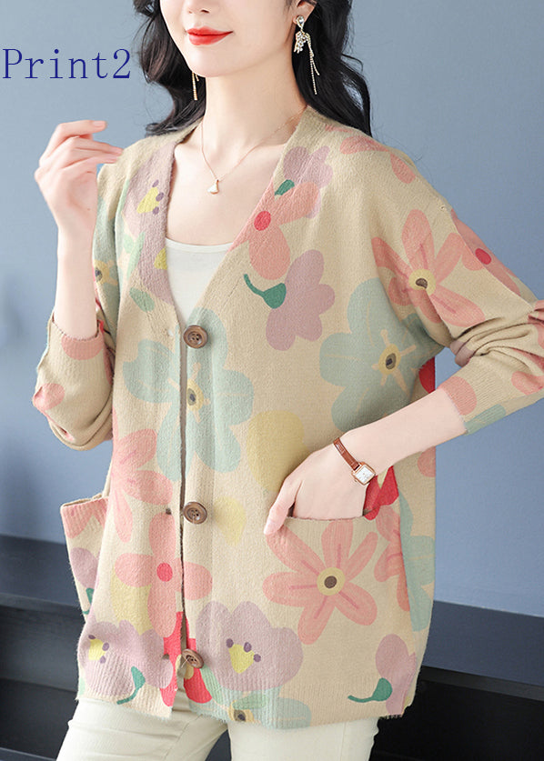 Women V Neck Print Pockets Woolen Cardigans Spring TQ022 ABC