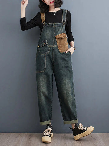 Women Vintage Colorblock Denim Loose Jumpsuits Ada Fashion