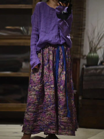 Women Vintage Floral Print Wron Ramie Skirt Ada Fashion