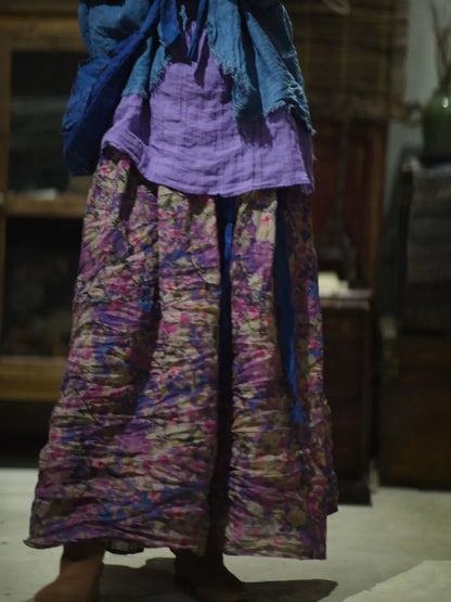 Women Vintage Floral Print Wron Ramie Skirt Ada Fashion