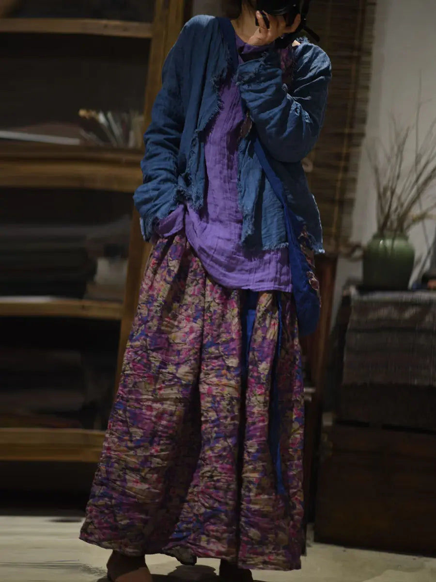 Women Vintage Floral Print Wron Ramie Skirt Ada Fashion