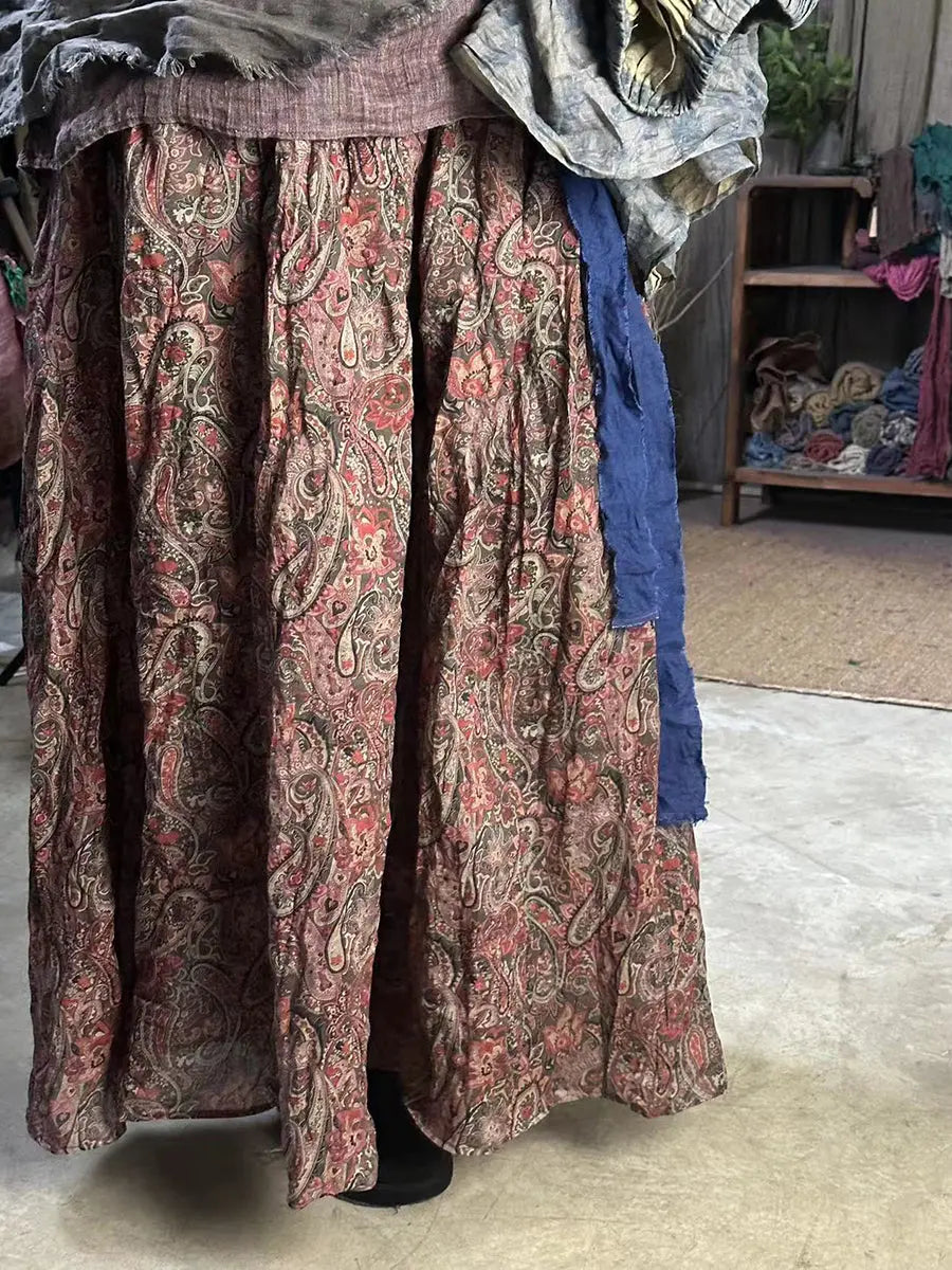 Women Vintage Floral Print Wron Ramie Skirt Ada Fashion