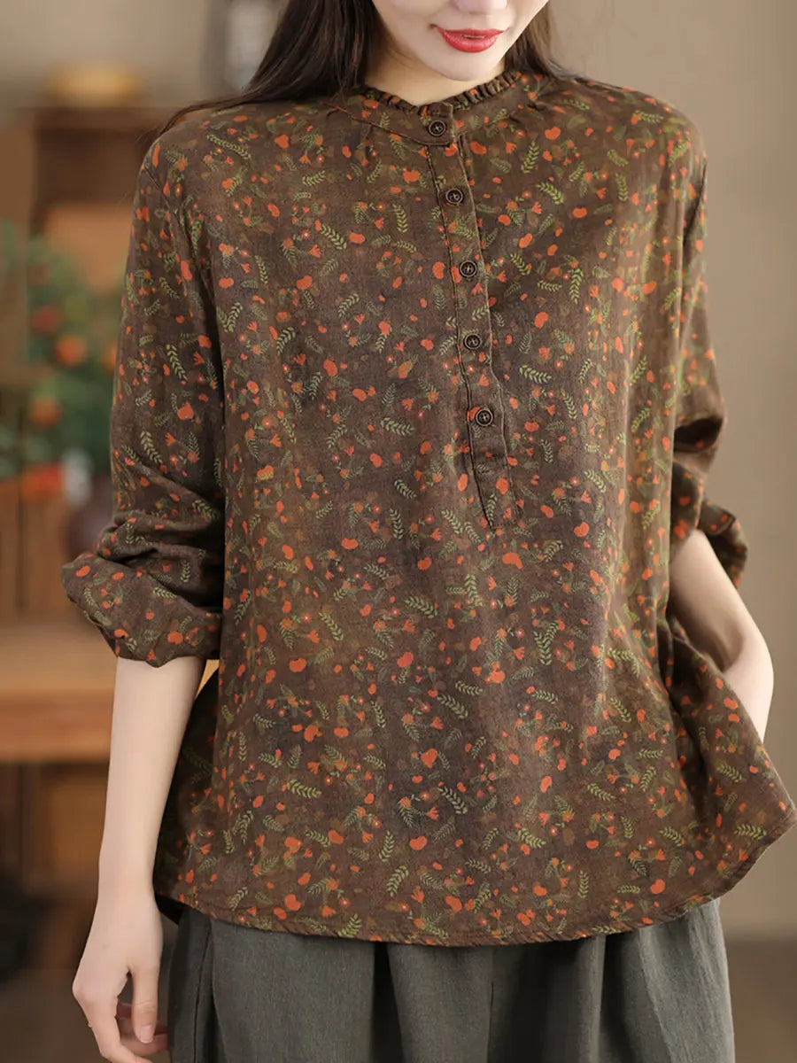Women Vintage Floral Spring Cotton O-Neck Shirt Ada Fashion
