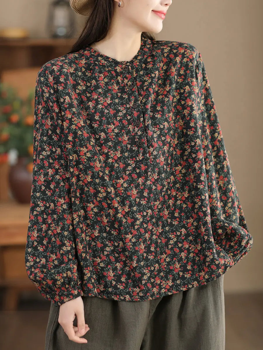 Women Vintage Floral Spring Cotton O-Neck Shirt Ada Fashion