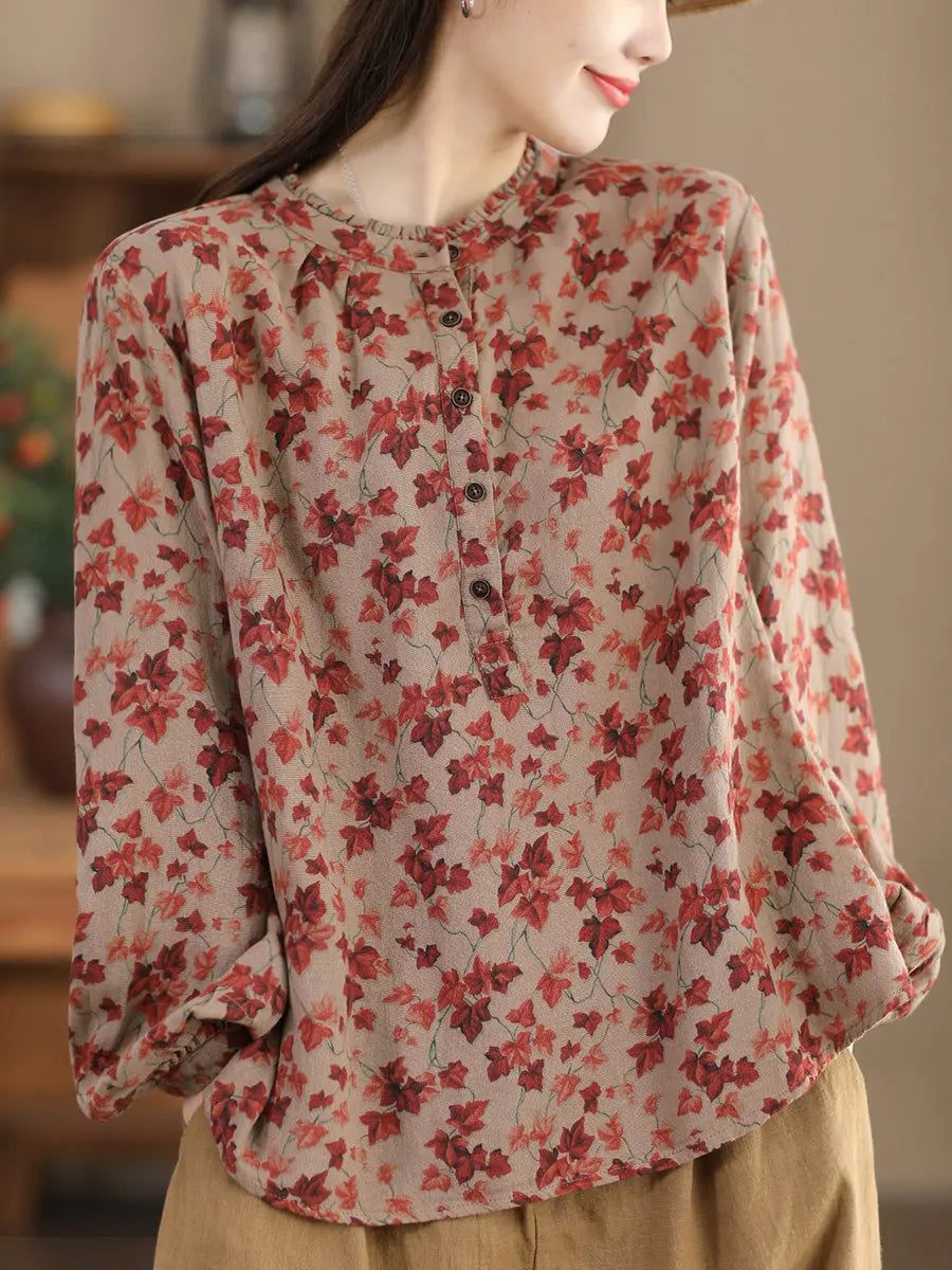 Women Vintage Floral Spring Cotton O-Neck Shirt Ada Fashion