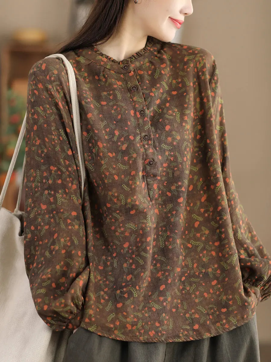 Women Vintage Floral Spring Cotton O-Neck Shirt Ada Fashion