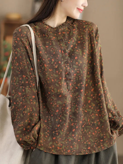 Women Vintage Floral Spring Cotton O-Neck Shirt Ada Fashion