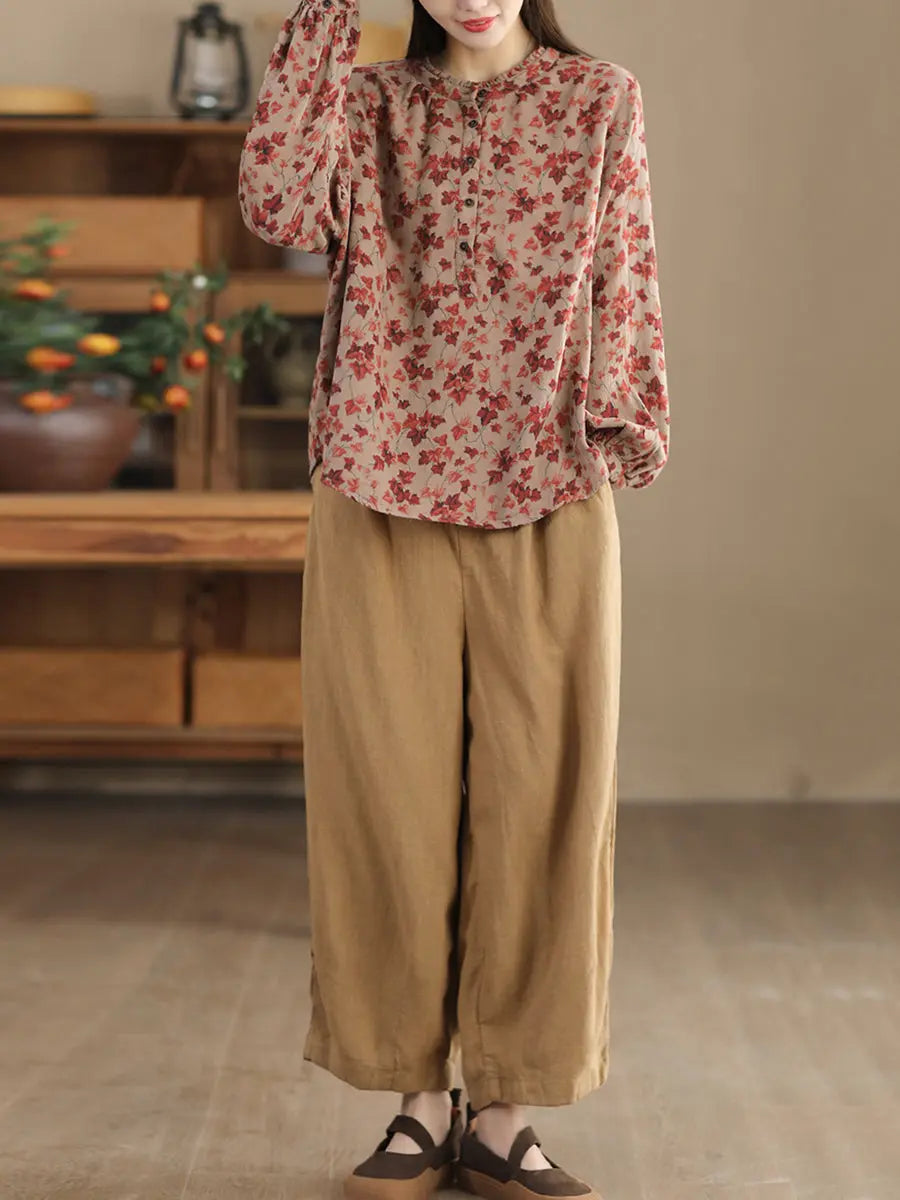 Women Vintage Floral Spring Cotton O-Neck Shirt Ada Fashion