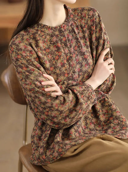 Women Vintage Floral Spring Cotton O-Neck Shirt Ada Fashion