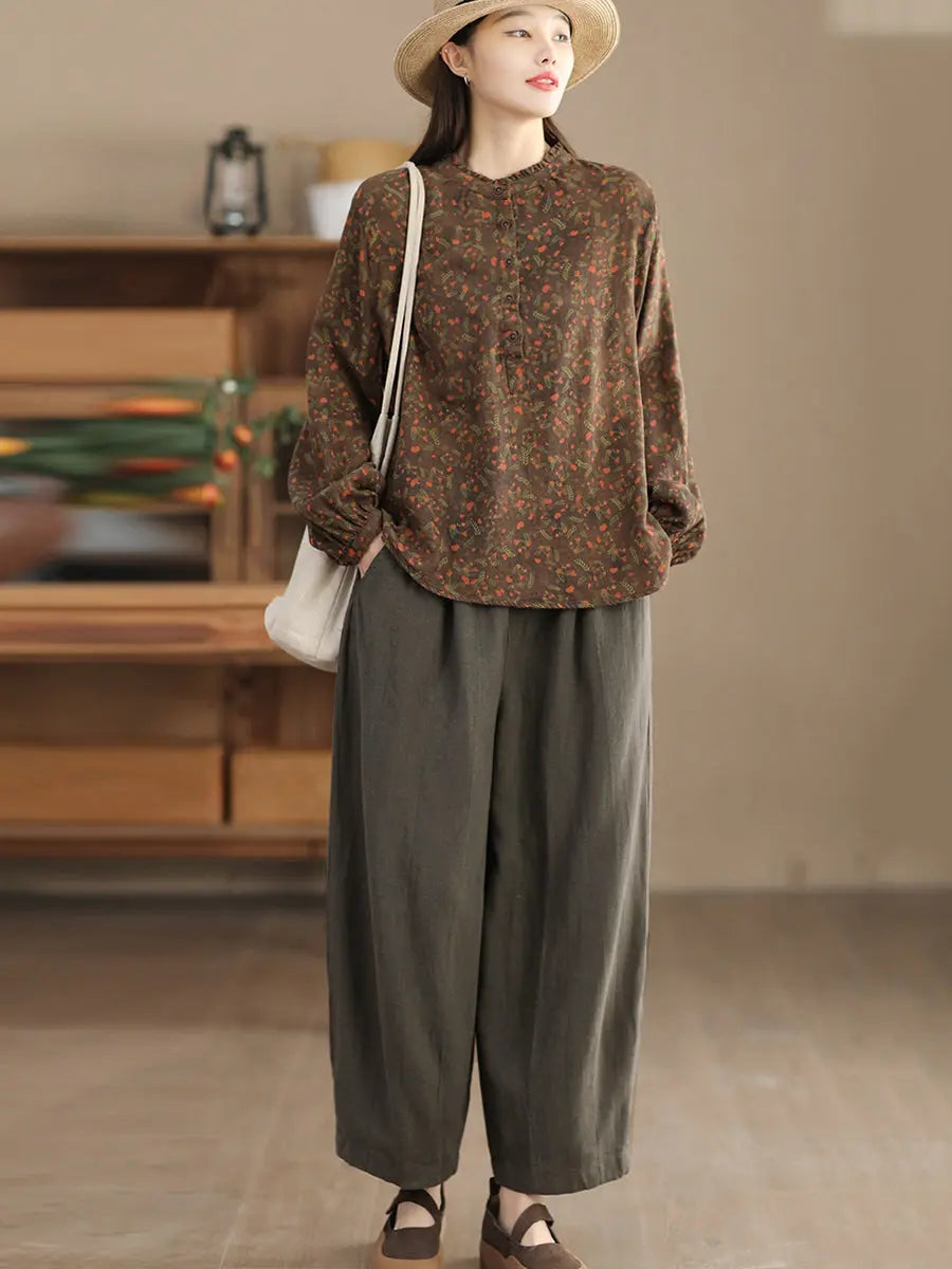 Women Vintage Floral Spring Cotton O-Neck Shirt Ada Fashion