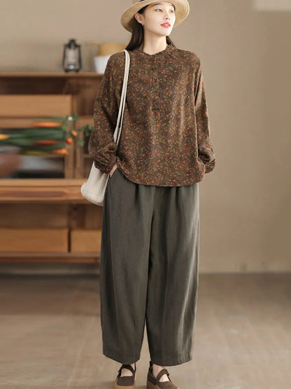 Women Vintage Floral Spring Cotton O-Neck Shirt Ada Fashion