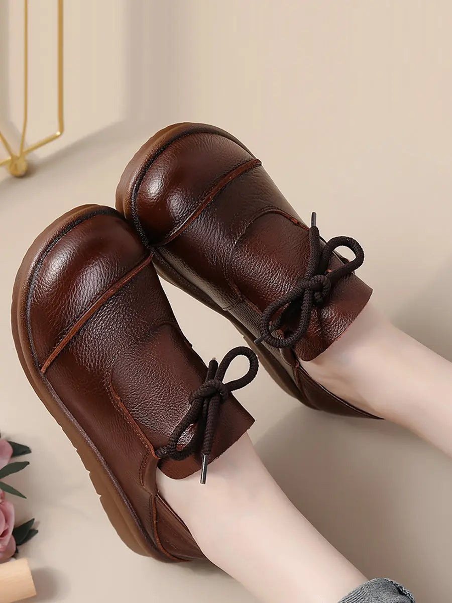 Women Vintage Leather Drawstring Flat Shoes Ada Fashion