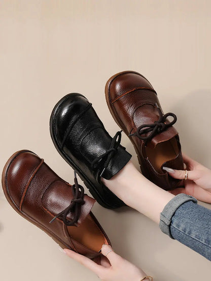 Women Vintage Leather Drawstring Flat Shoes Ada Fashion