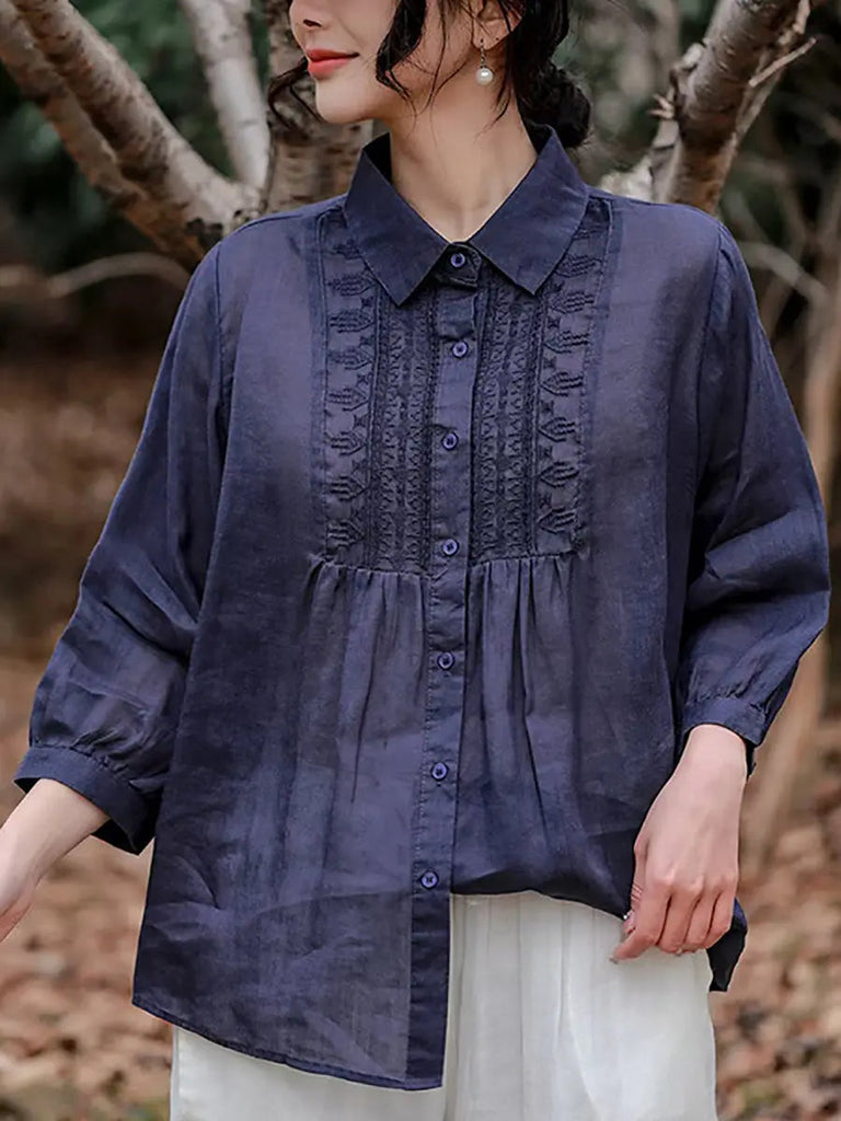 Women Vintage Spring Embroidery Ramie Loose Shirt Ada Fashion