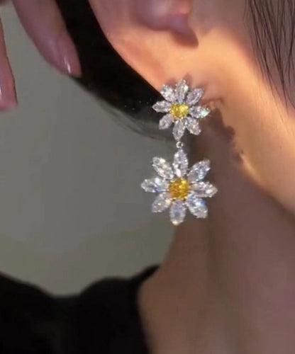 Women White Alloy Crystal Zircon Floral Drop Earrings EY007 ABC