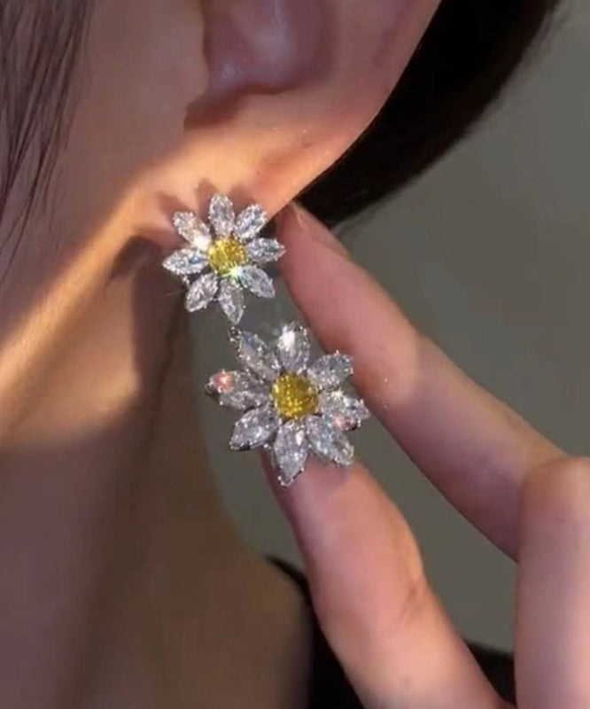 Women White Alloy Crystal Zircon Floral Drop Earrings EY007 ABC