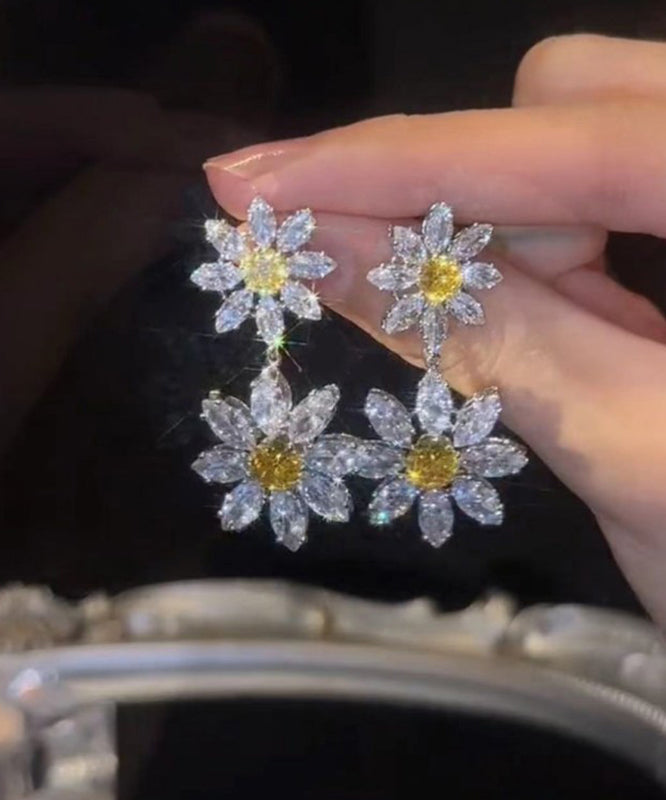 Women White Alloy Crystal Zircon Floral Drop Earrings EY007 ABC