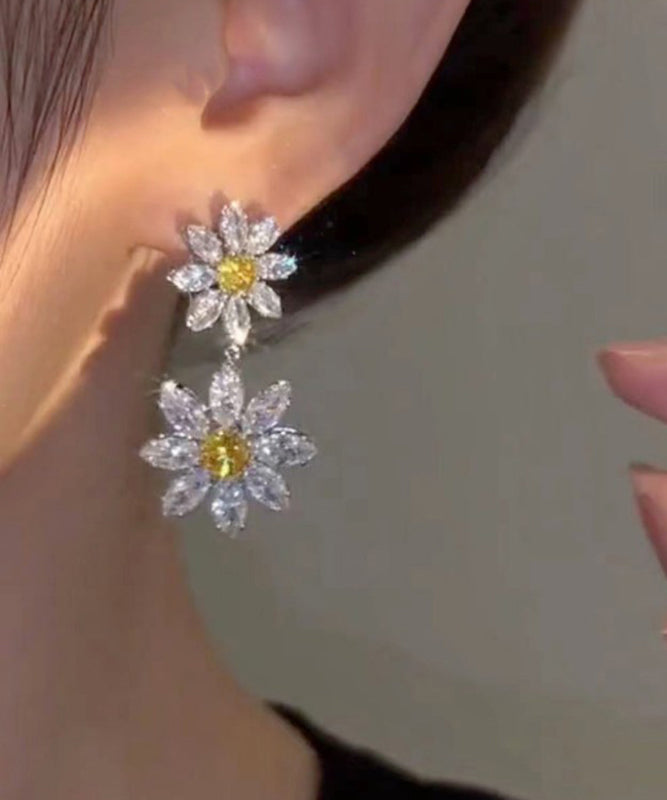 Women White Alloy Crystal Zircon Floral Drop Earrings EY007 ABC