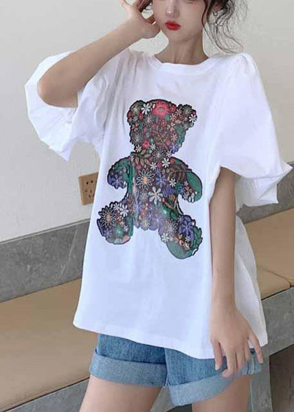 Tank Cotton Puff Bear Women White Print Tops Sleeve FashionChic