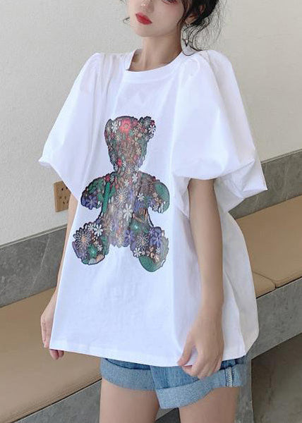 Tank Cotton Puff Bear Women White Print Tops Sleeve FashionChic