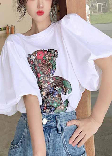Tank Cotton Puff Bear Women White Print Tops Sleeve FashionChic