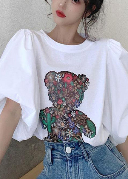 Tank Cotton Puff Bear Women White Print Tops Sleeve FashionChic