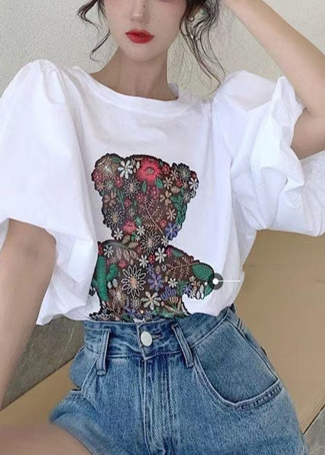Tank Cotton Puff Bear Women White Print Tops Sleeve FashionChic