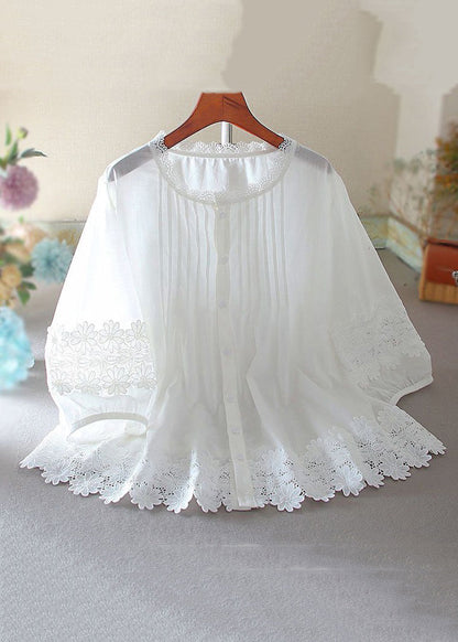 Women White Button Hollow Out Lace Patchwork Shirt Bracelet Sleeve VV002 HS-HTP240627