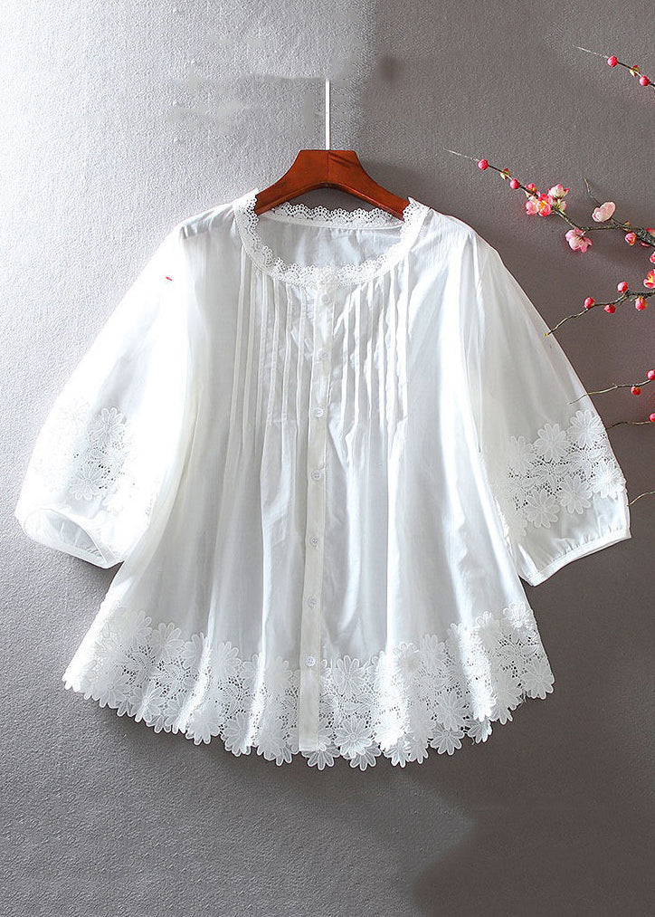 Women White Button Hollow Out Lace Patchwork Shirt Bracelet Sleeve VV002 HS-HTP240627