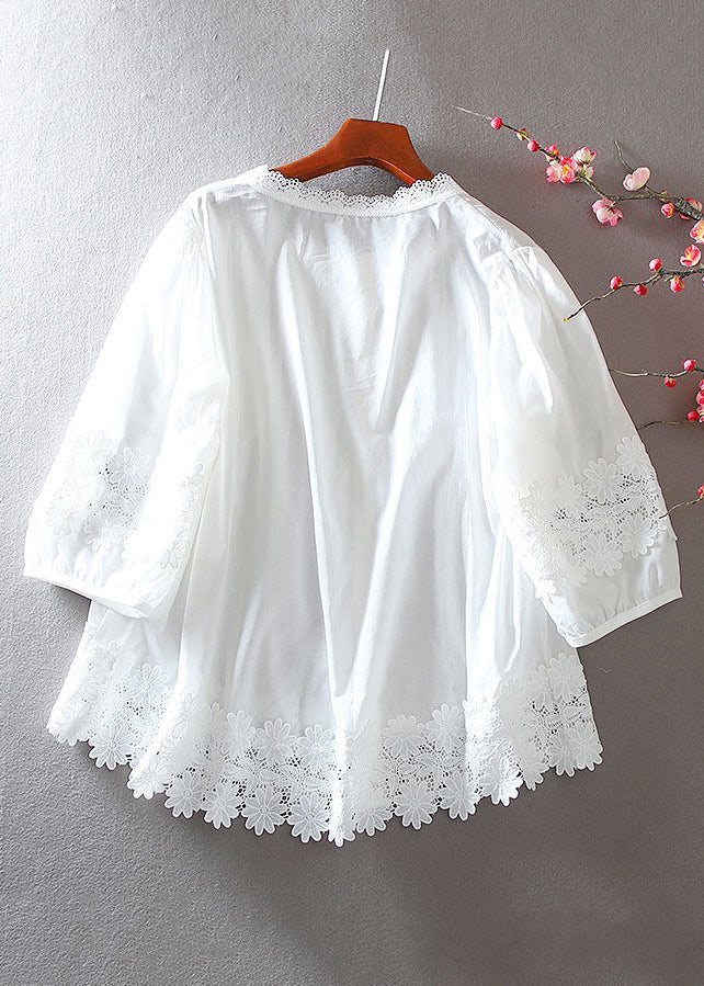 Women White Button Hollow Out Lace Patchwork Shirt Bracelet Sleeve VV002 HS-HTP240627