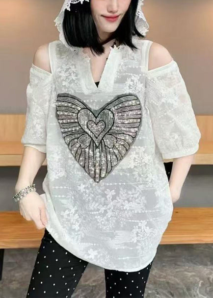 Summer White Hoodie Jacquard Shoulder Cold Cotton Women Tops FashionChic
