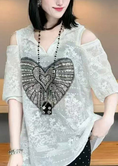 Summer White Hoodie Jacquard Shoulder Cold Cotton Women Tops FashionChic