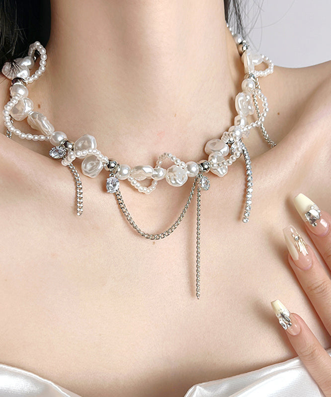 Lariat Necklace Zircon White Copper Pearl Chain Women FashionChic