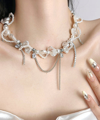 Lariat Necklace Zircon White Copper Pearl Chain Women FashionChic