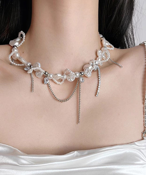 Lariat Necklace Zircon White Copper Pearl Chain Women FashionChic