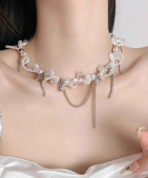 Lariat Necklace Zircon White Copper Pearl Chain Women FashionChic