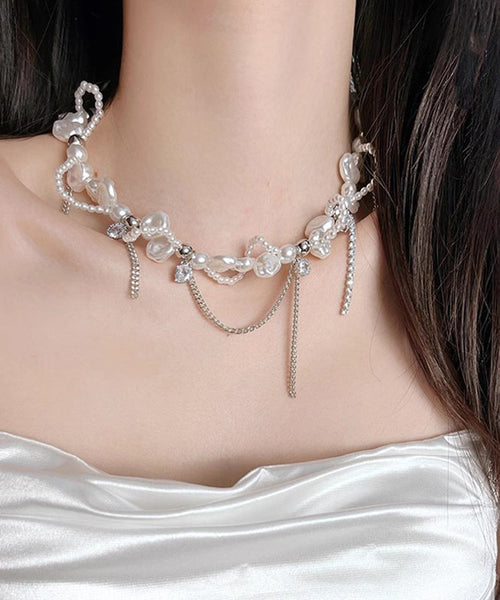 Lariat Necklace Zircon White Copper Pearl Chain Women FashionChic