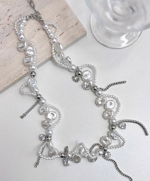 Lariat Necklace Zircon White Copper Pearl Chain Women FashionChic