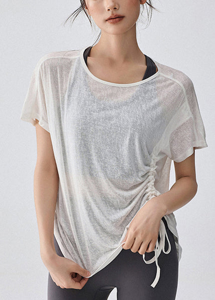 Yoga Drawstring Top White Solid Women Sleeve Short FashionChic