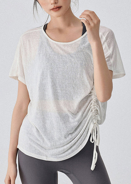 Yoga Drawstring Top White Solid Women Sleeve Short FashionChic