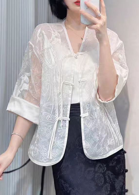 Women White Embroidered Button Silk Blouse Summer Ada Fashion