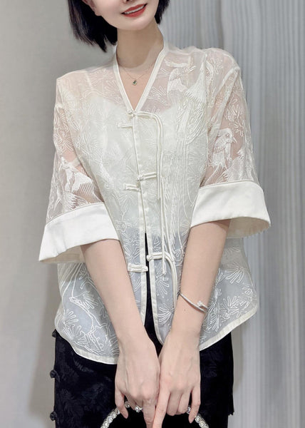 Women White Embroidered Button Silk Blouse Summer Ada Fashion