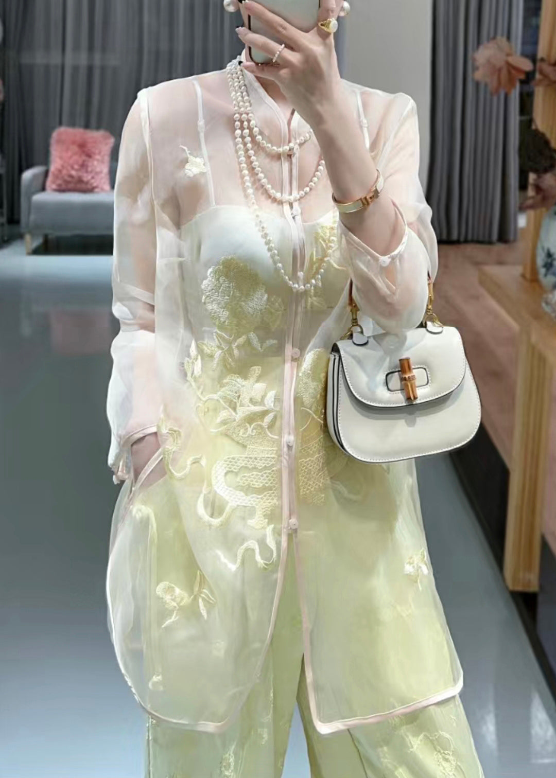 Women White Embroidered Button Tulle Shirts Long Sleeve Ada Fashion