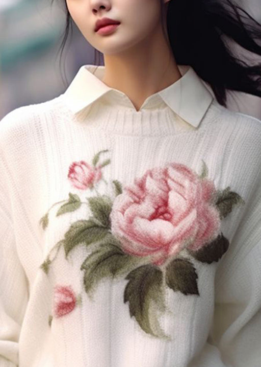 Women White O Neck Print Cozy Knit Sweaters Fall QS017 OM-BB241010