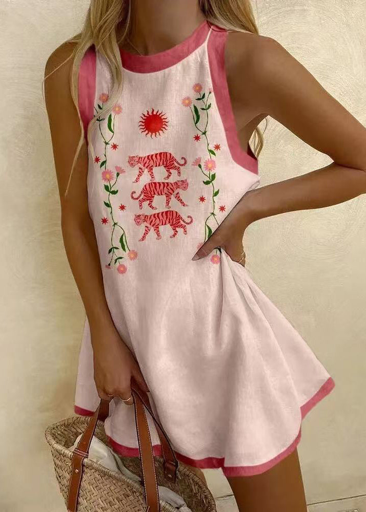 Women Sleeveless Patchwork White Neck Print Cotton Dresses O Mini FashionChic