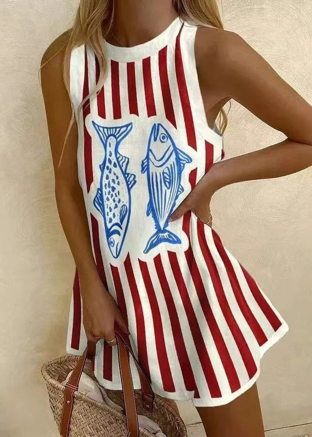 Women Sleeveless Patchwork White Neck Print Cotton Dresses O Mini FashionChic